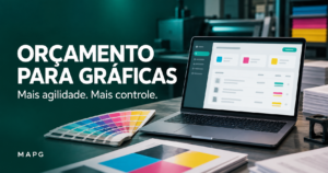 Orçamento para gráficas: mais agilidade e controle. Ilustração de notebook e materiais gráficos.