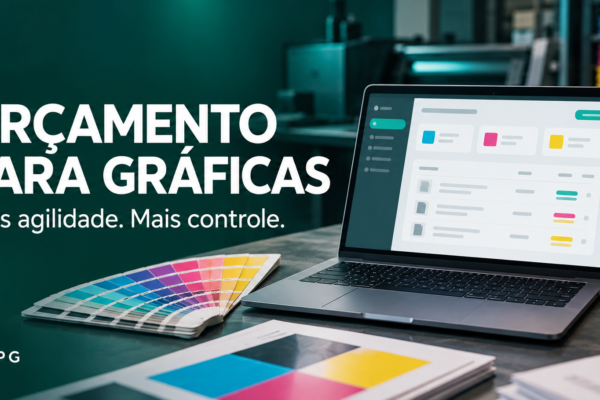 Orçamento para gráficas: mais agilidade e controle. Ilustração de notebook e materiais gráficos.